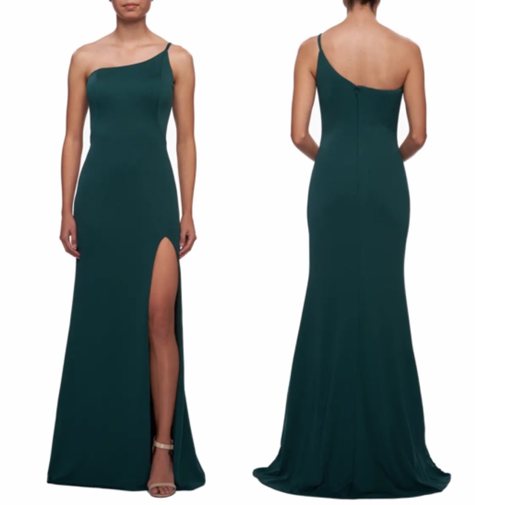La Femme One-Shoulder Jersey Gown - Emerald Green - Picture 2 of 6